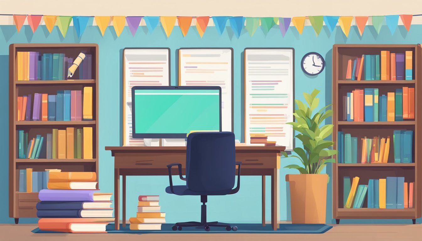 A colorful banner with "Frequently Asked Questions Primary 5 English Tuition" displayed prominently. A stack of books and a laptop with a teacher