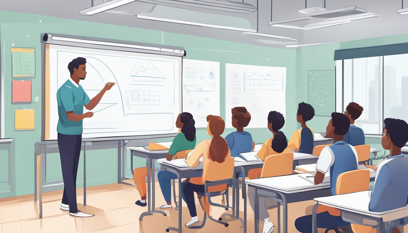 A classroom with a whiteboard and desks, a teacher explaining physics concepts, students listening attentively, and a sign that reads "Frequently Asked Questions h2 physics tuition"