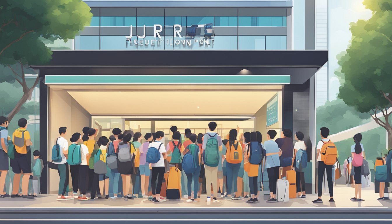 Students lining up outside a modern tuition centre at Jurong Point, eagerly waiting to enter. The signboard prominently displays "Frequently Asked Questions" in bold letters