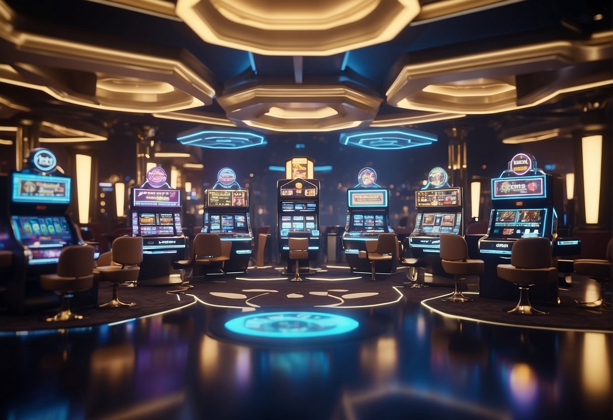 A futuristic casino with digital currency symbols floating above slot machines and poker tables. Virtual avatars interact with each other in a virtual reality setting