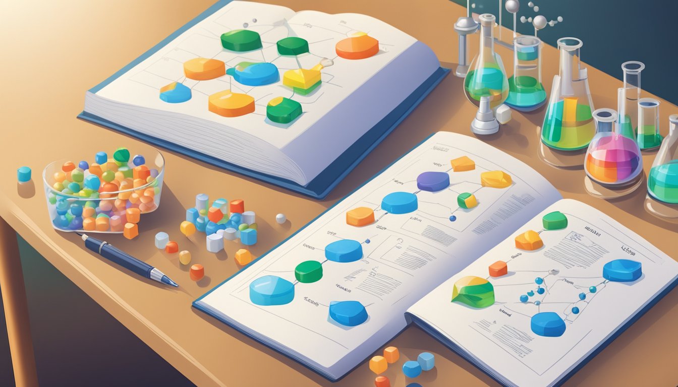 H1 Chem Tuition: Ace Your Exams with Top Tutors in Singapore! A chemistry textbook open on a table with a notebook and pen next to it. A molecule model kit and periodic table poster on the wall