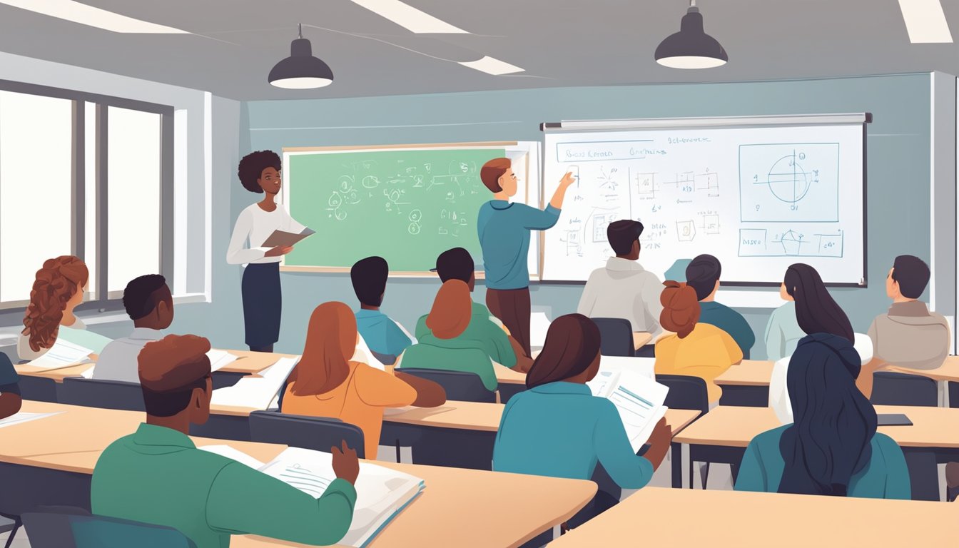 A group of students sitting in a classroom, listening to a teacher and taking notes. The whiteboard is filled with equations and diagrams