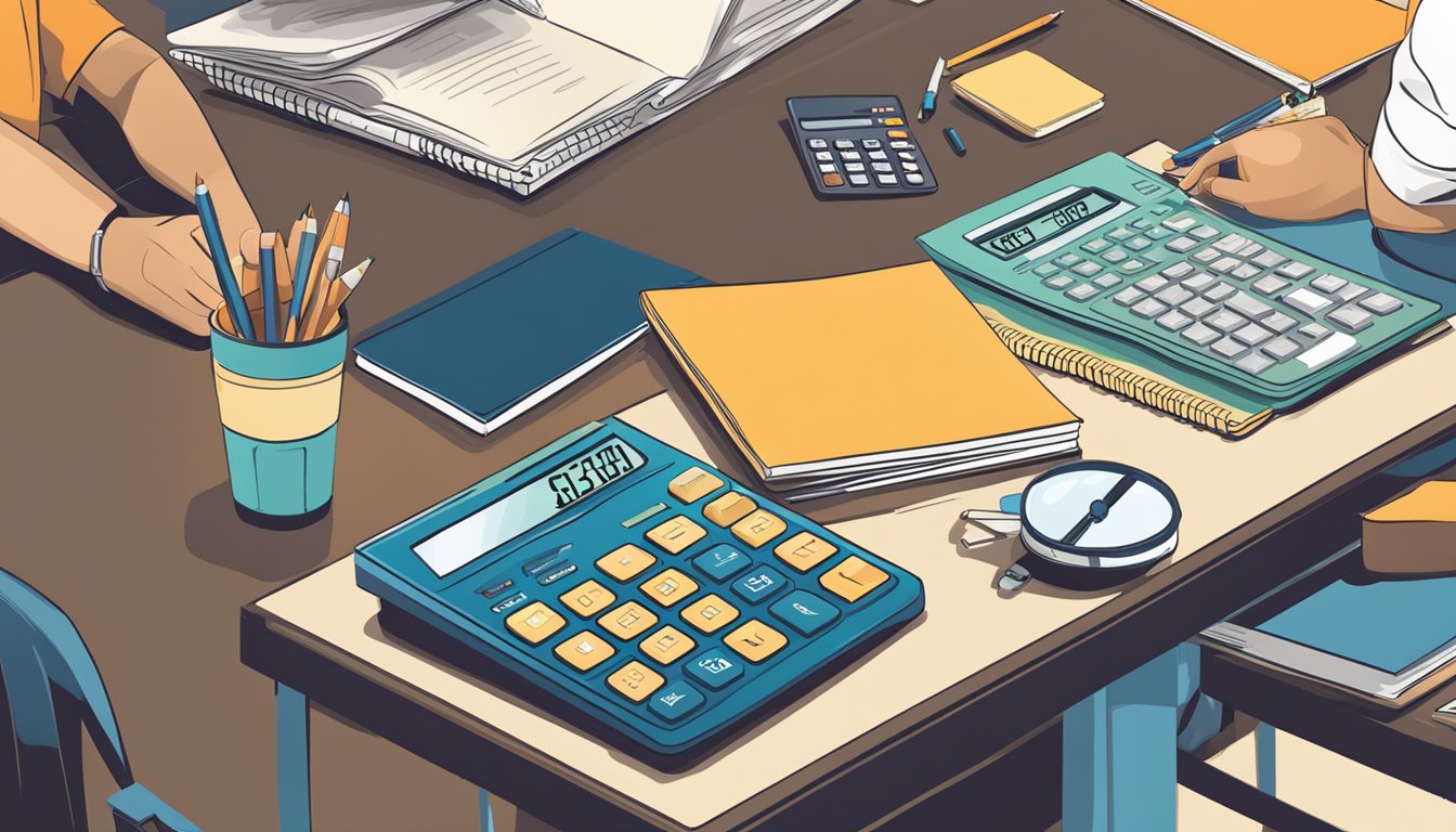 Students studying, a university building, a tuition bill, and a calculator on a desk