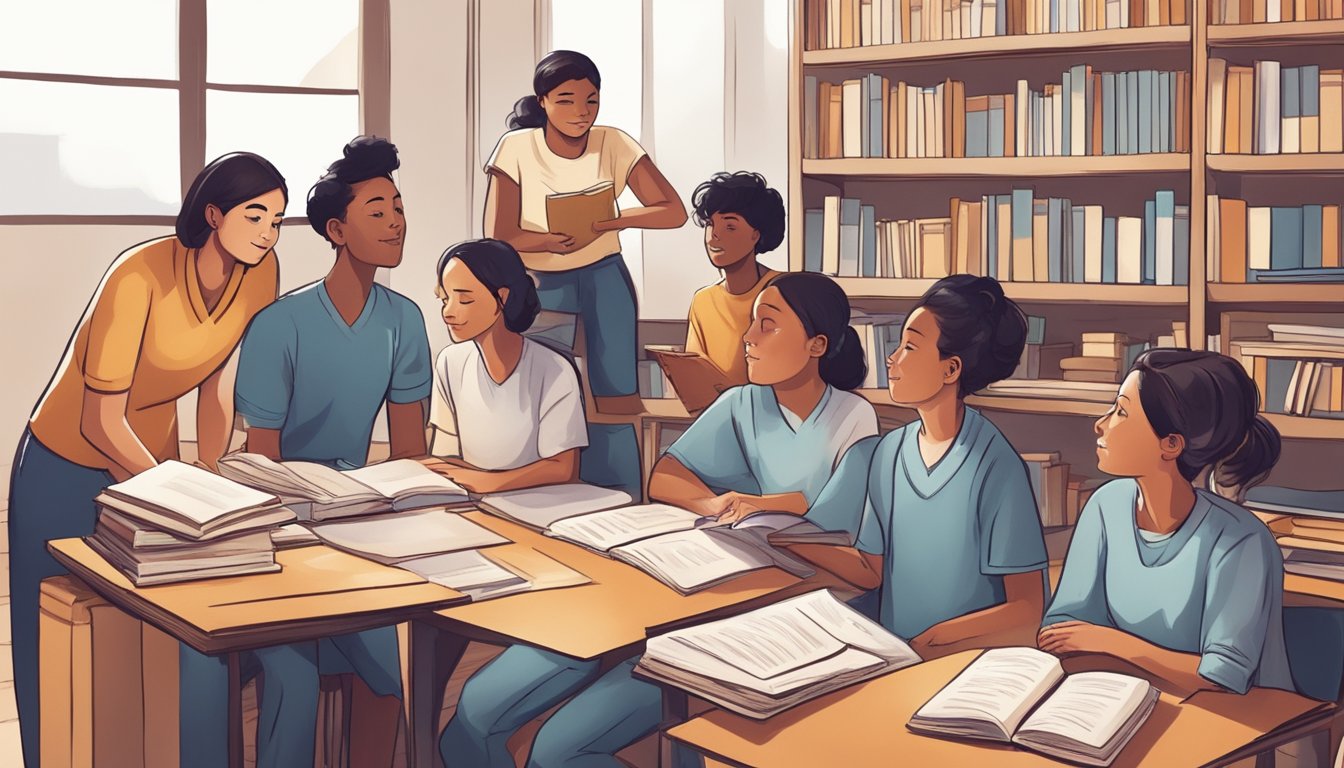 A group of volunteers eagerly listening to a teacher, surrounded by books and educational materials, with a sense of purpose and dedication in the air