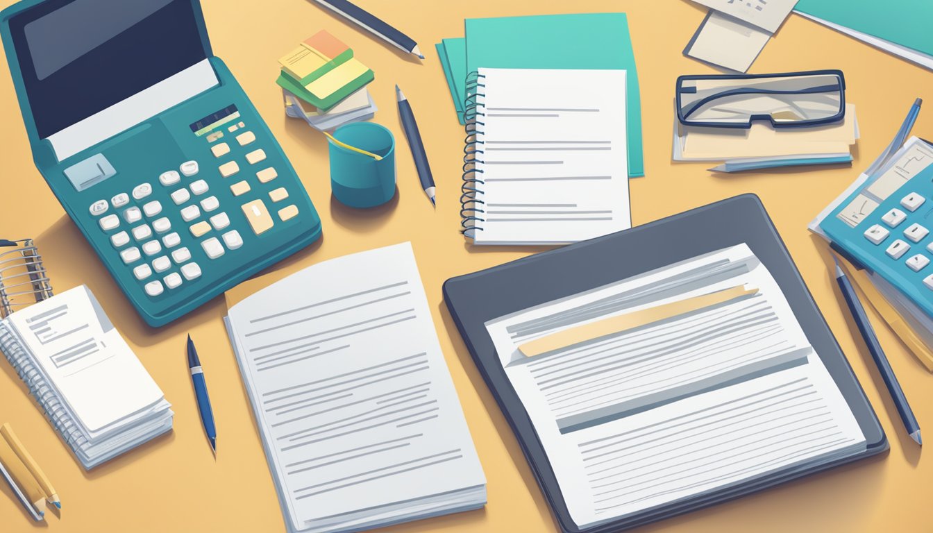 A stack of FAQ papers on tuition fees, with a computer and calculator nearby