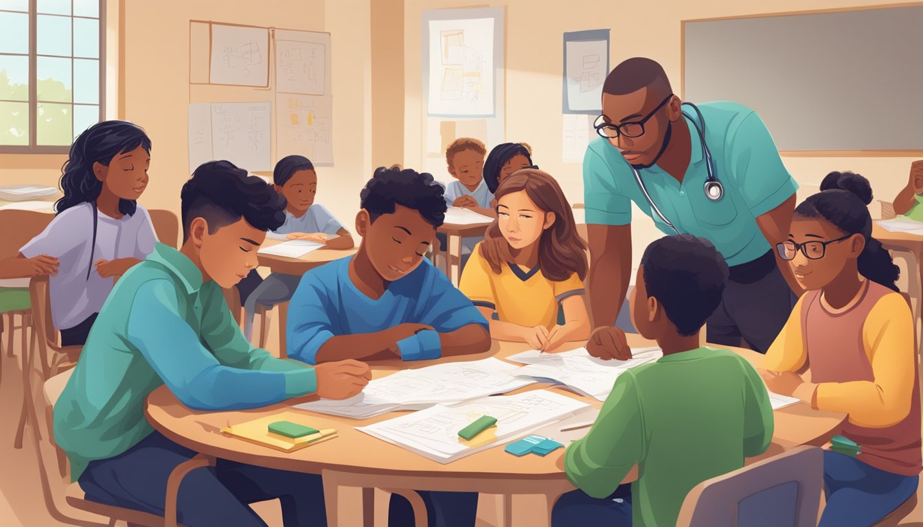 A group of struggling students sit around a table, while a patient tutor explains math concepts using visual aids and hands-on activities