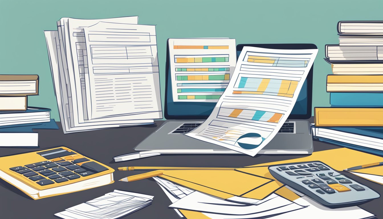 A stack of FAQ papers on UCF tuition, surrounded by a laptop, calculator, and pencil