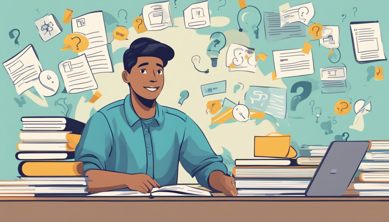 A volunteer answering FAQs about tuition, surrounded by question marks and a helpful atmosphere