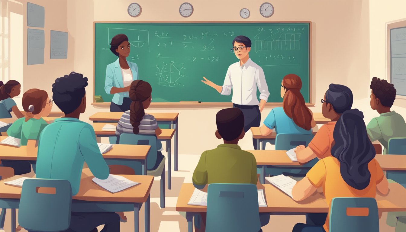 A group of struggling students sit attentively in a classroom, while a patient tutor addresses their questions about math concepts
