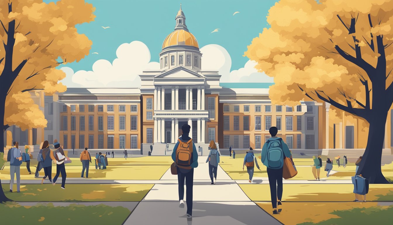 A college campus with a large, imposing building representing the high cost of tuition. Students are shown carrying heavy financial burdens while trying to balance books and a calculator
