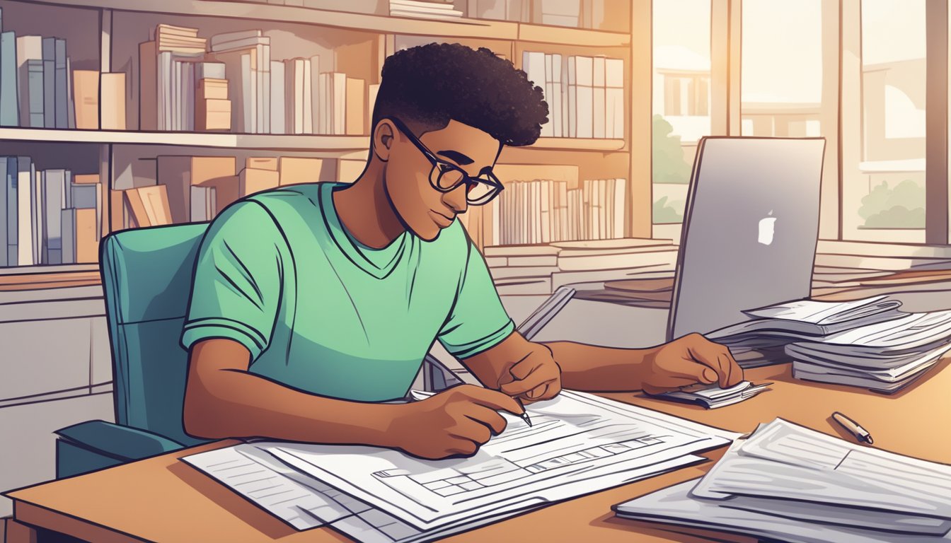 A student fills out financial aid forms while reviewing a breakdown of college tuition and managing costs