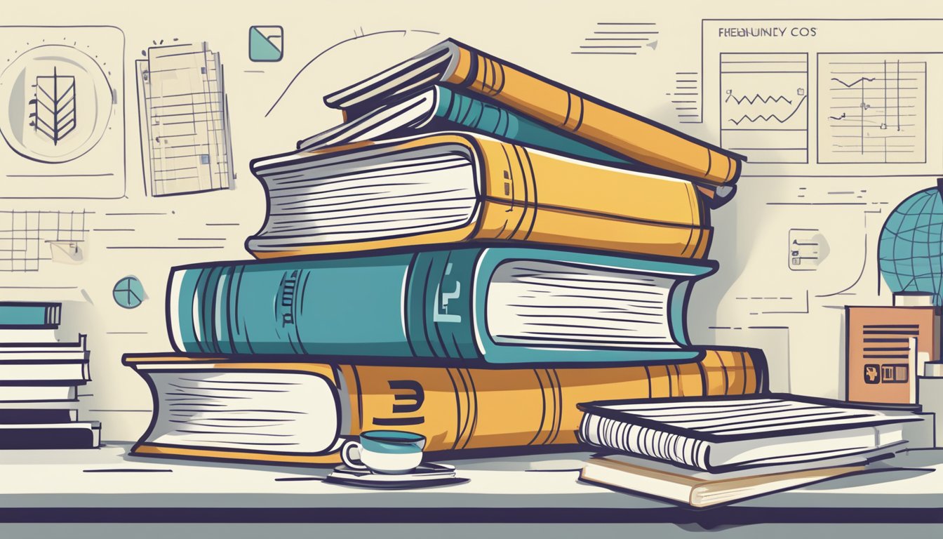 A stack of books with "Frequently Asked Questions" on top, surrounded by college logos, next to a rising graph of tuition costs