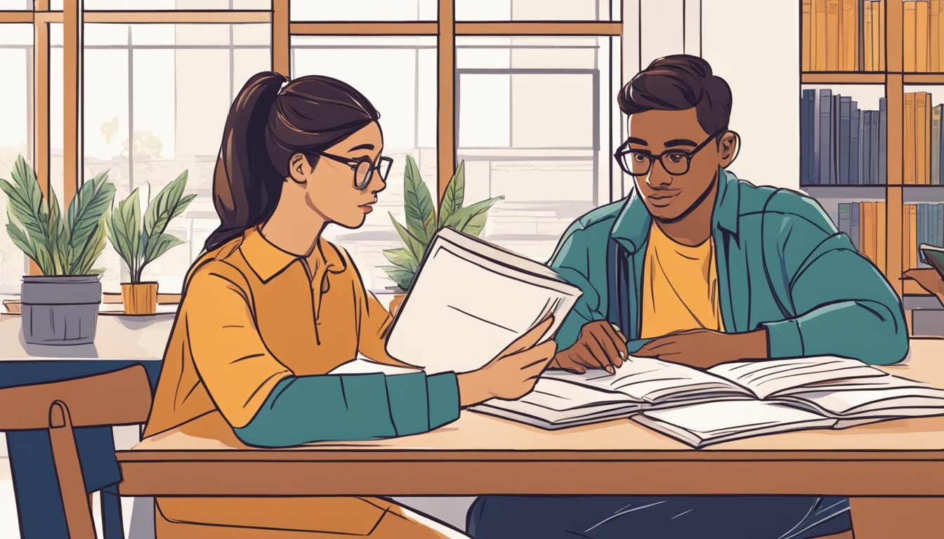 A student and a tutor sit at a table, engaged in one-on-one tuition. The tutor gestures towards a book, while the student listens attentively