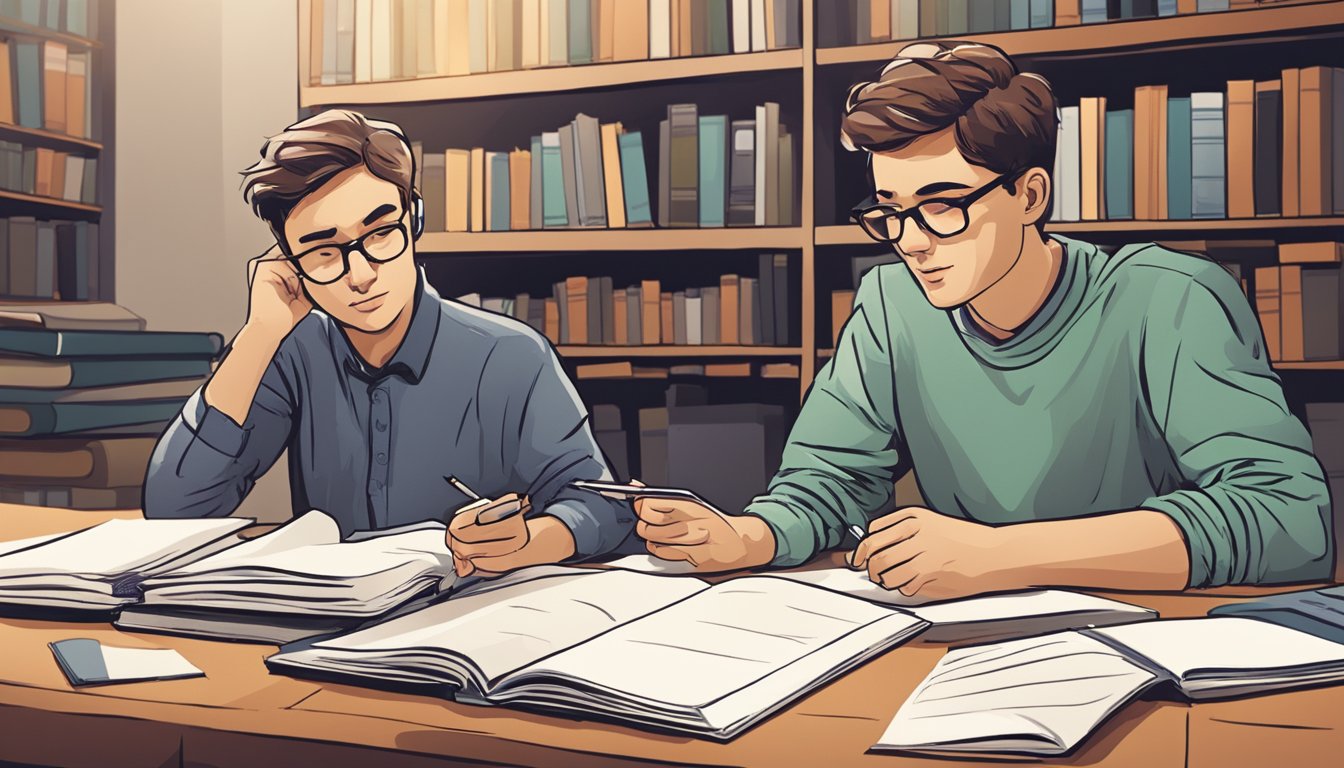 A student and a tutor sit at a table, engaged in deep conversation. Books and papers are spread out, showing the intensity of the one-to-one tuition session