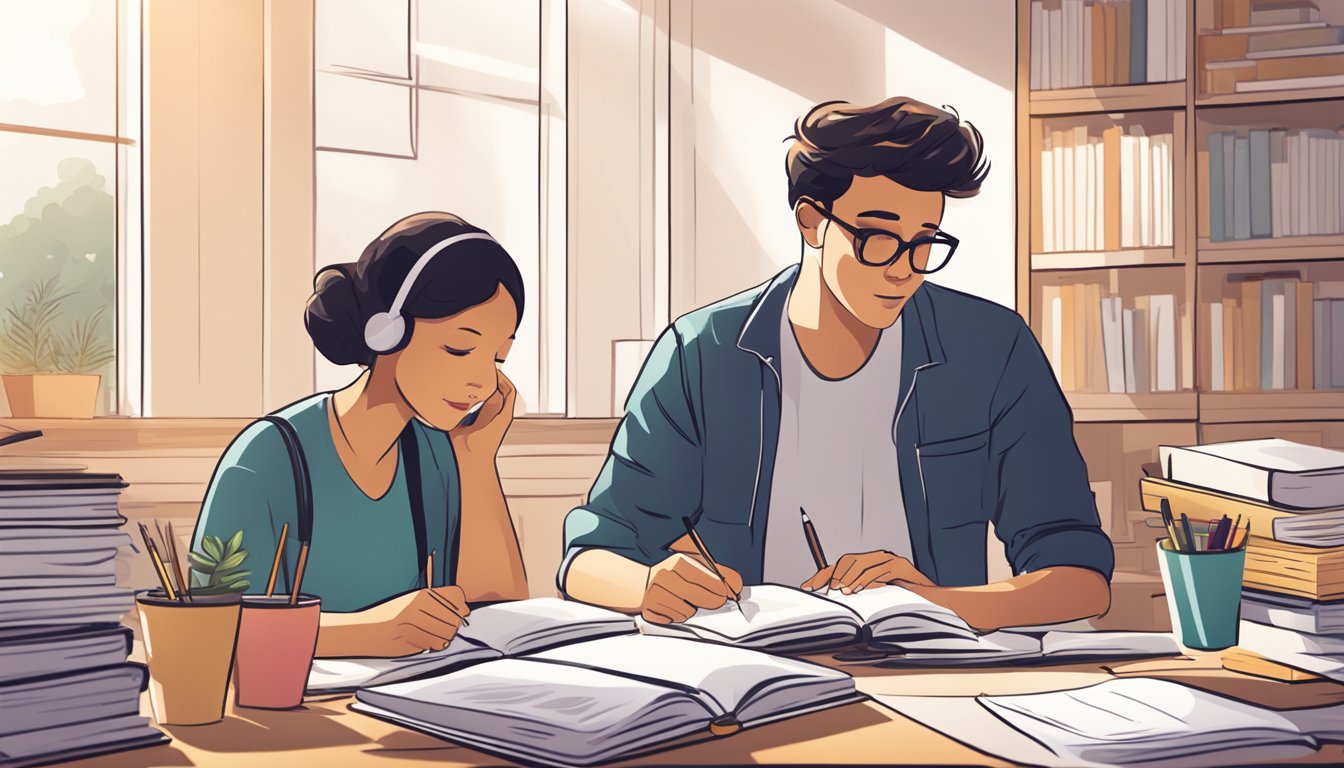 A student and a tutor sit together, engaged in conversation and study materials. Books and notes are spread across the table