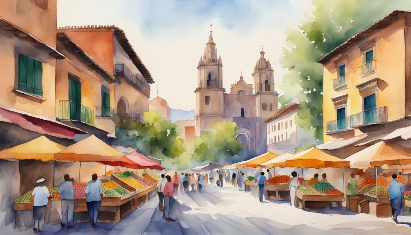 A bustling street market in San Miguel, with colorful buildings, cobblestone streets, and locals enjoying the vibrant lifestyle