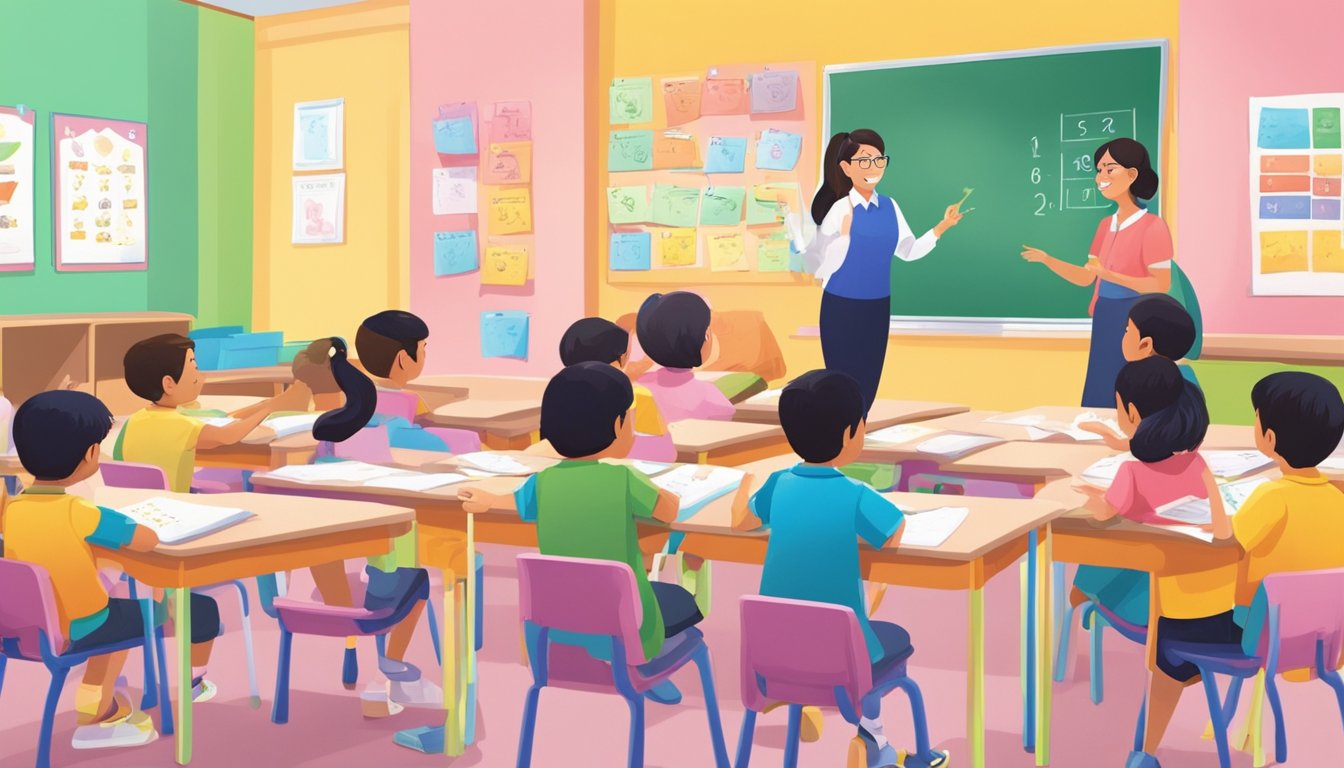 A teacher guides students through phonics exercises in a bright, colorful classroom in Singapore. Materials like flashcards and workbooks are scattered across the desks