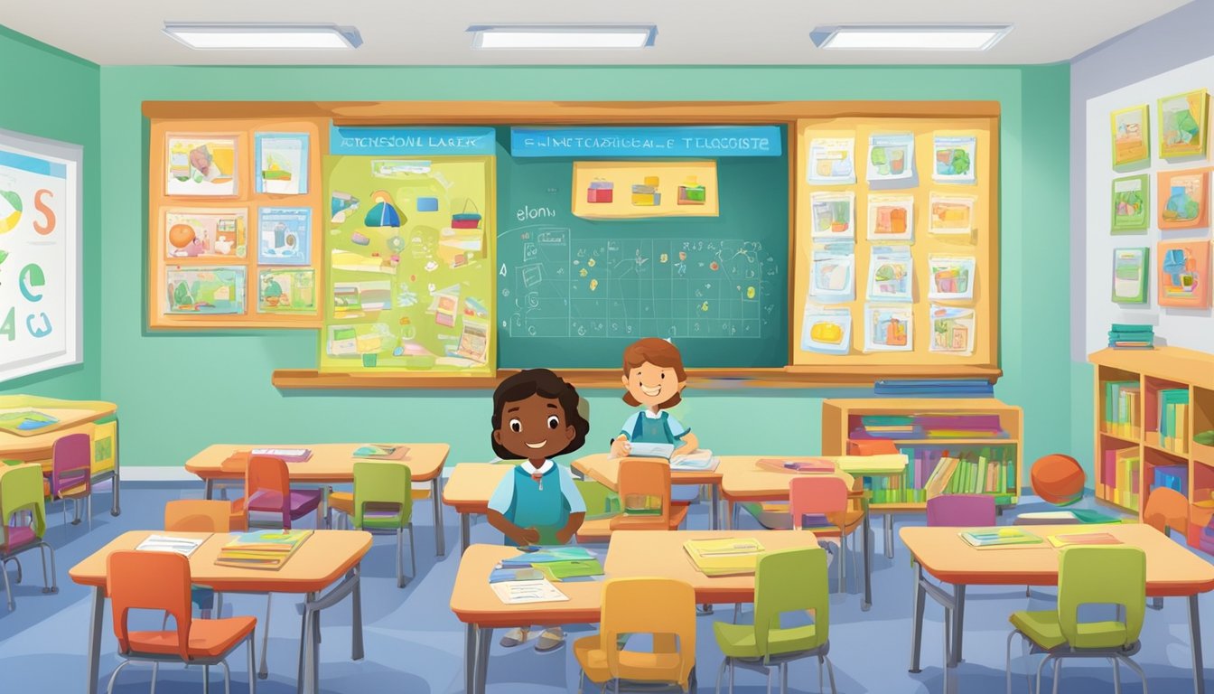 A colorful classroom with phonics materials and a teacher guiding students through interactive activities. Phonics charts and books are displayed on the walls