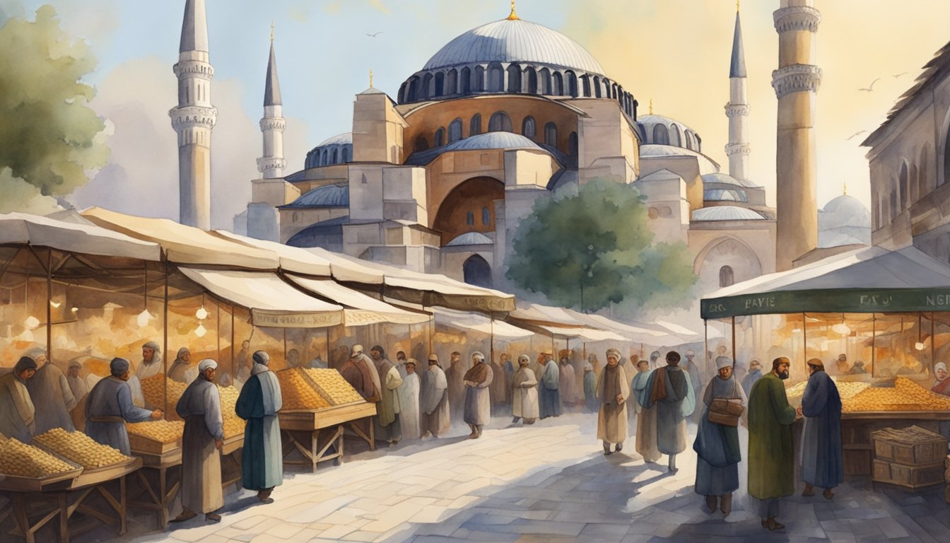 The bustling marketplace in Constantinople, with merchants selling goods from across the empire.</p><p>A mosaic of the Hagia Sophia glistens in the background, while scholars debate philosophy in the city's streets