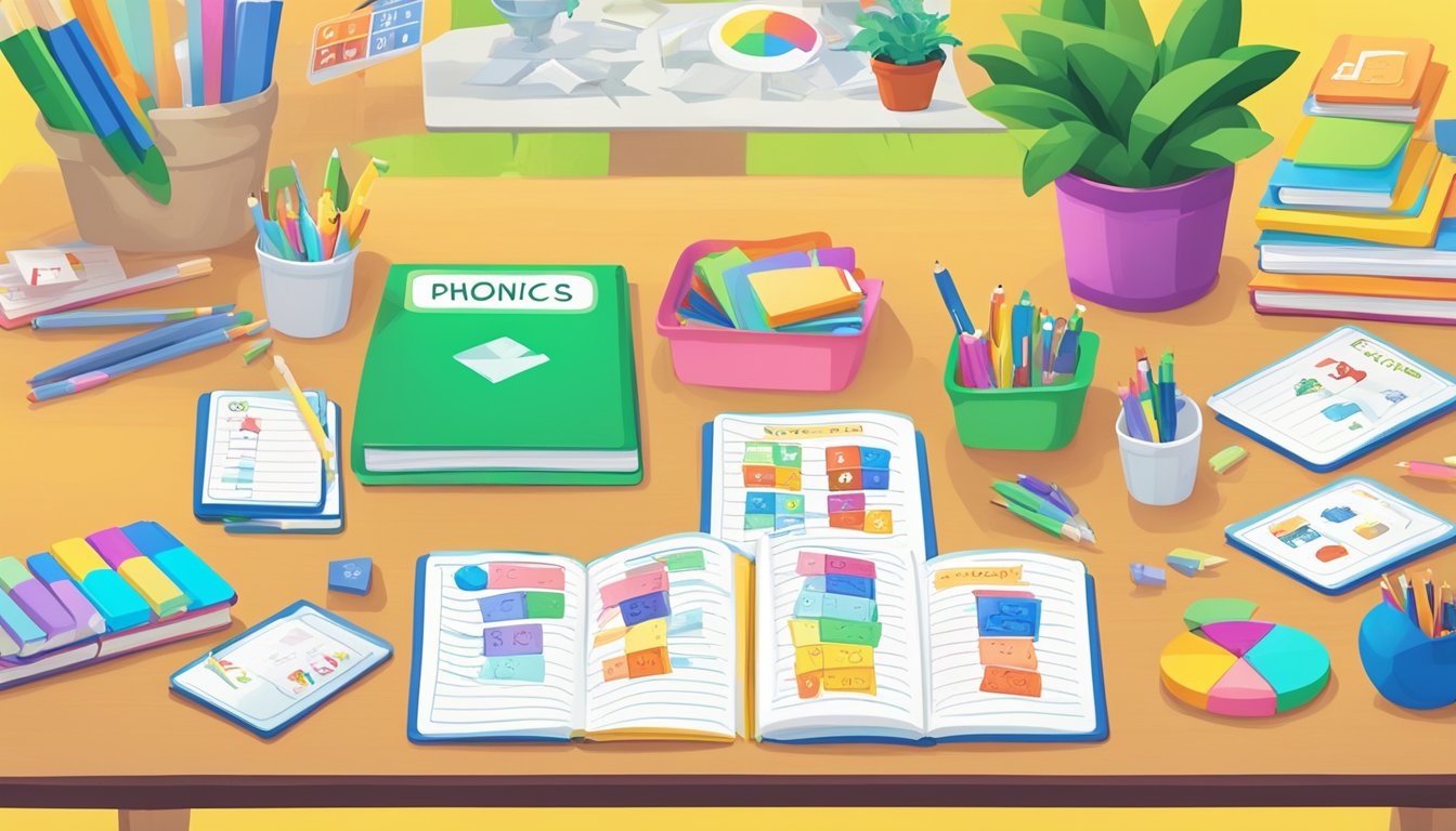 Colorful phonics flashcards arranged on a bright, organized desk with a variety of engaging learning materials and resources surrounding them