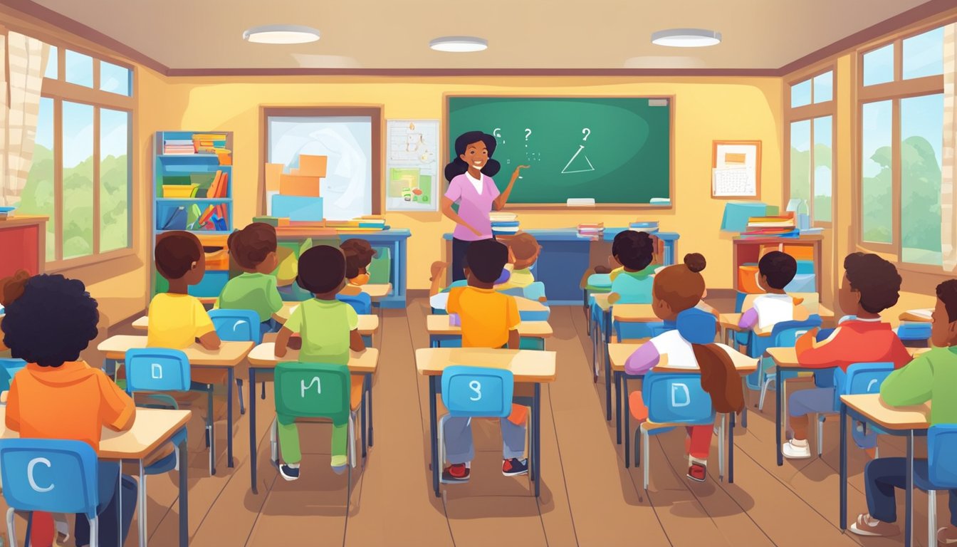 A colorful classroom with phonics materials and a teacher answering questions from students