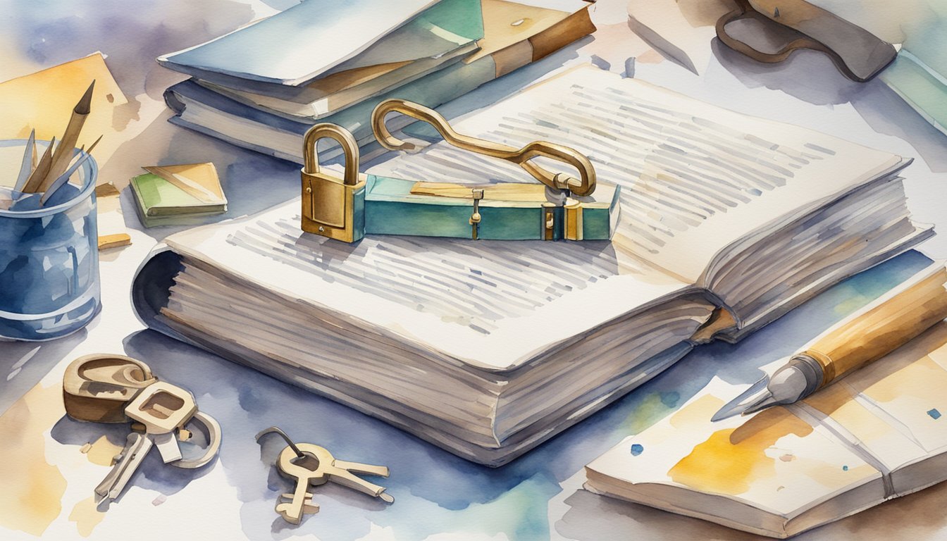 A book with a lock on the cover sits on a desk, surrounded by scattered code-breaking tools and papers