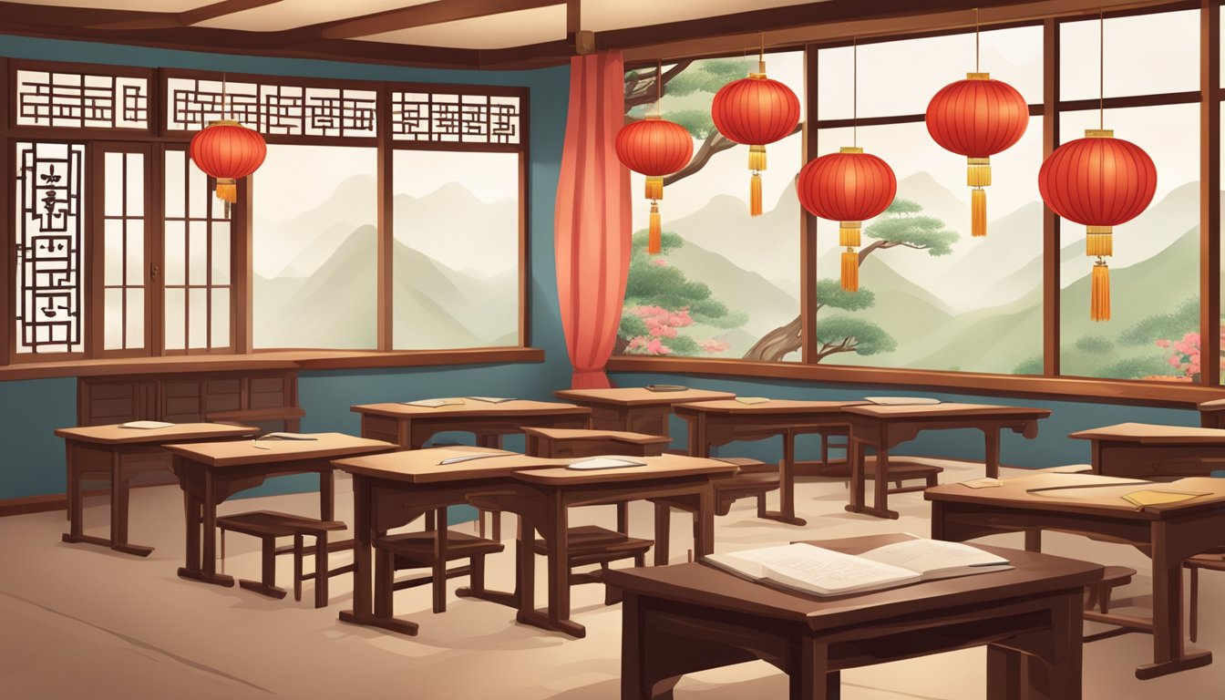 A traditional Chinese classroom with calligraphy scrolls, red lanterns, and a teacher