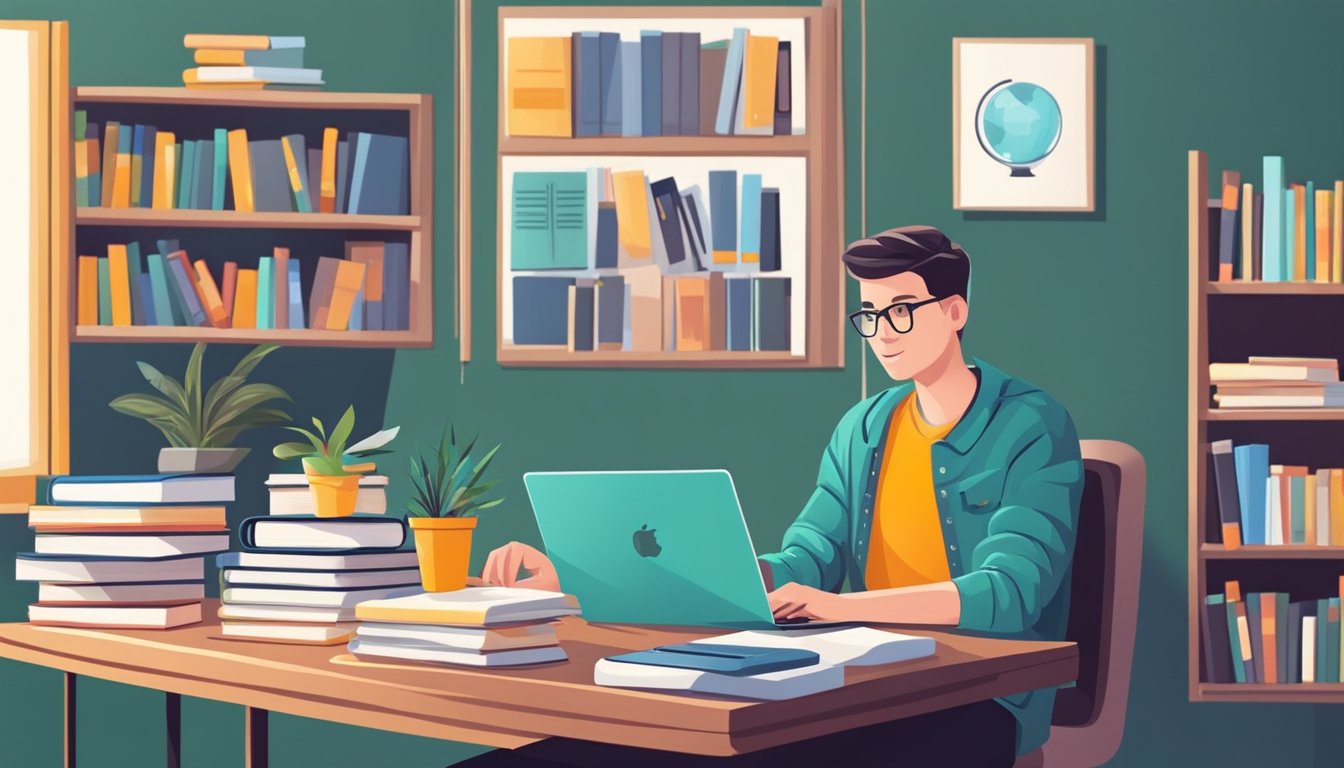 Freelance Tuition: Boost Your Grades with Personalised Learning A student sits at a desk with books and a laptop, receiving online freelance tuition from a tutor on the other side of the screen