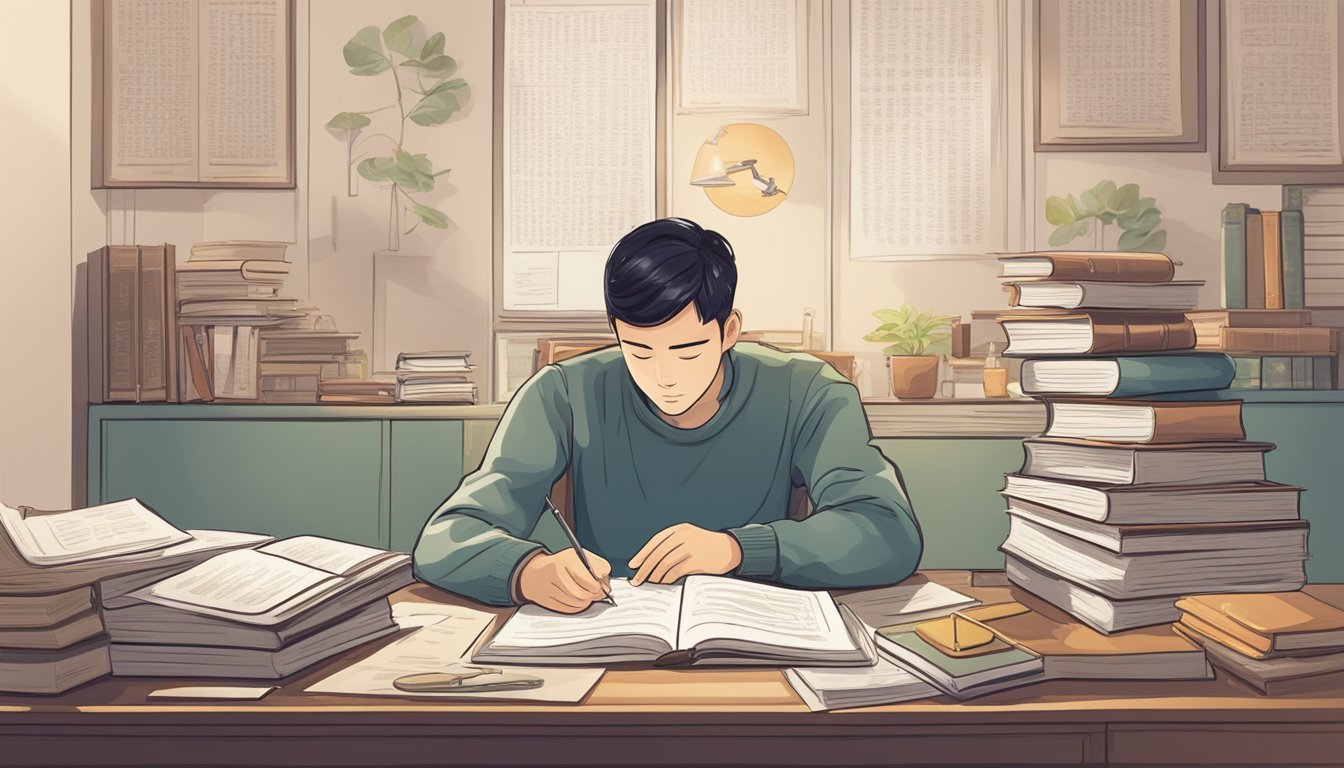 A student sits at a desk, surrounded by textbooks and notes, carefully studying the syllabus and curriculum for Wang Chinese Tuition