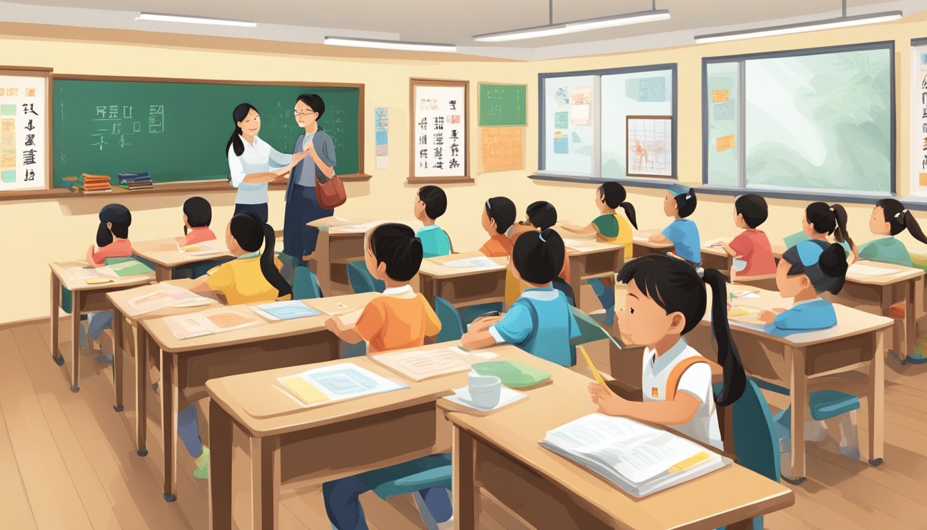 A Chinese language classroom with students engaged in interactive learning activities and a teacher providing instruction