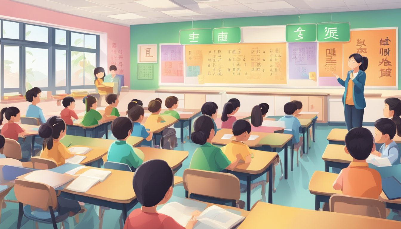 A colorful, welcoming classroom with a large "Frequently Asked Questions" sign in Chinese characters and students engaged in learning