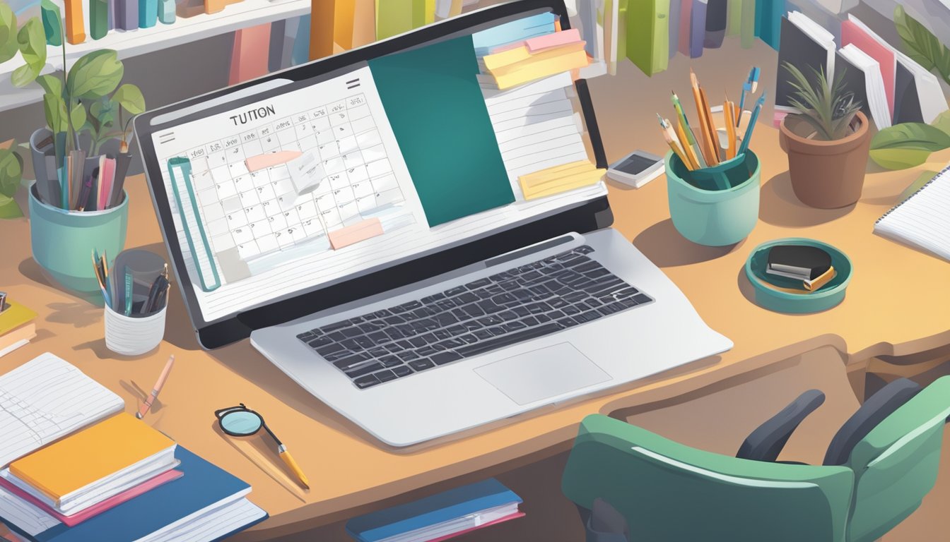 Freelance Tuition: Boost Your Grades with Personalised Learning A cluttered desk with a laptop, textbooks, and notepads. A calendar with dates circled. A sign with "Freelance Tuition" on the wall