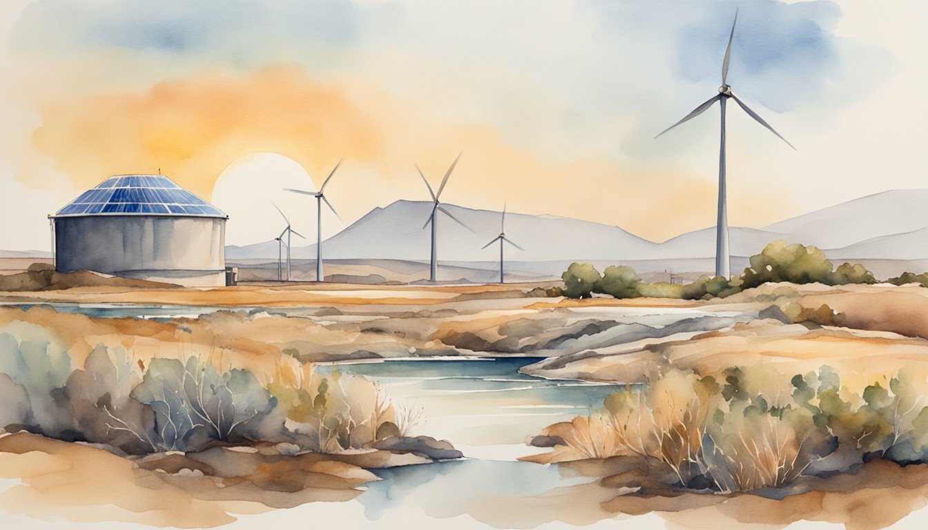 A river flows through a dry landscape, surrounded by wilted plants.</p><p>A water tank sits empty, while a solar panel and wind turbine stand nearby