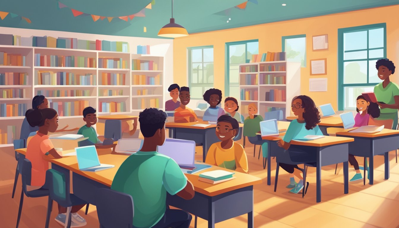 A bright classroom with diverse students engaged in learning, surrounded by books, technology, and a welcoming atmosphere