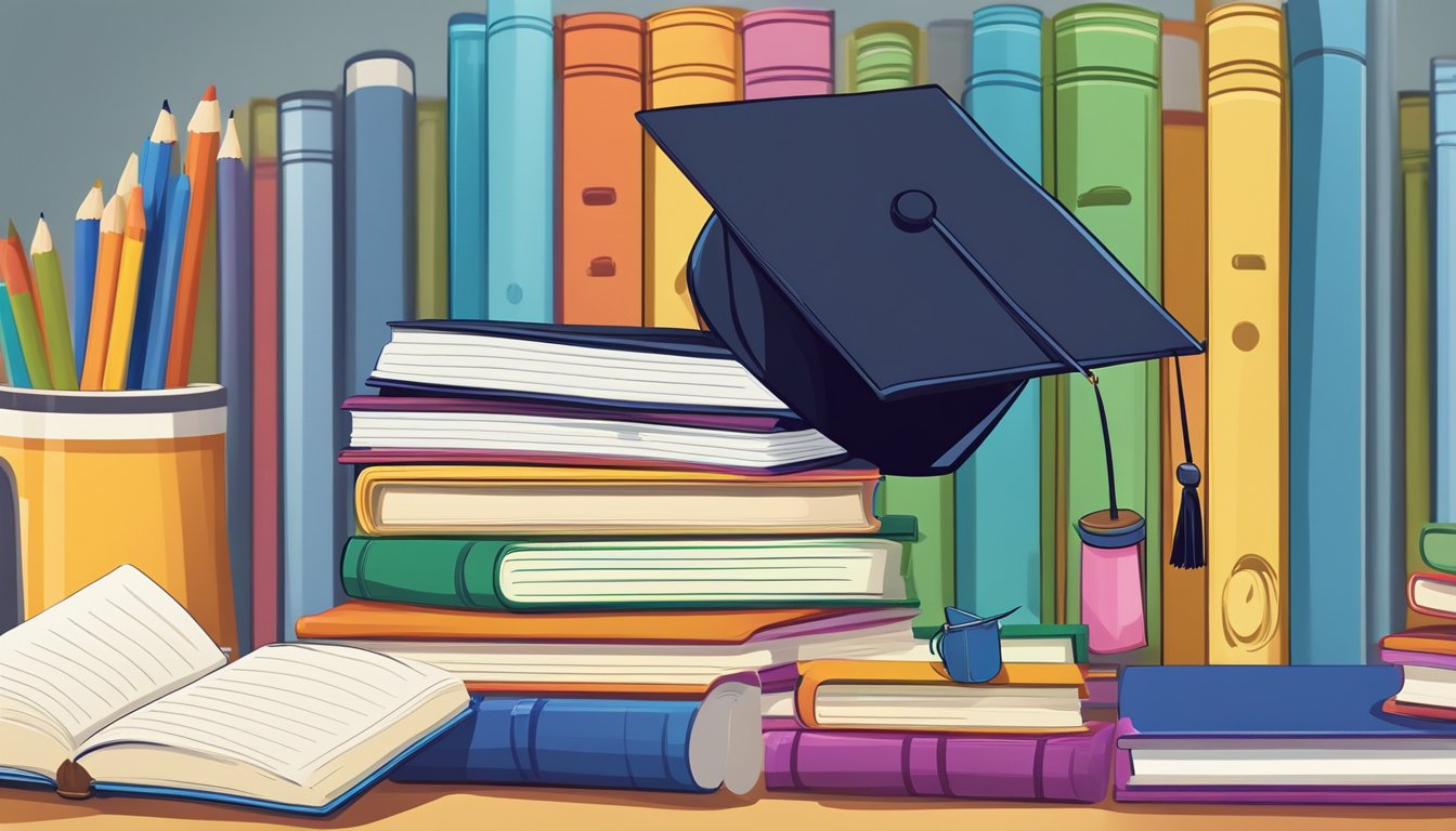 A stack of colorful textbooks and a graduation cap on a desk, surrounded by a laptop, pen, and notepad. A bright light shines on the items, creating a warm and inviting atmosphere