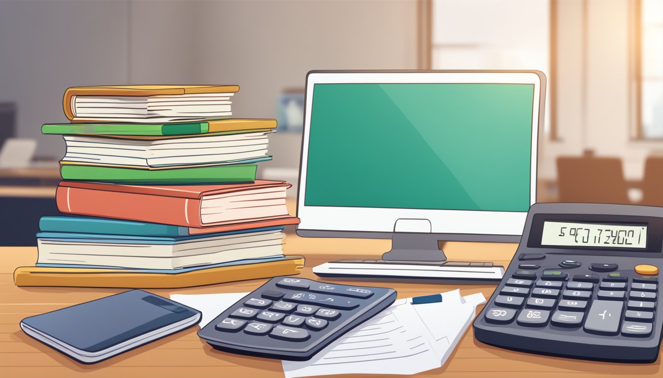 A stack of books and a calculator on a desk, with a laptop open to a webpage about tuition fees