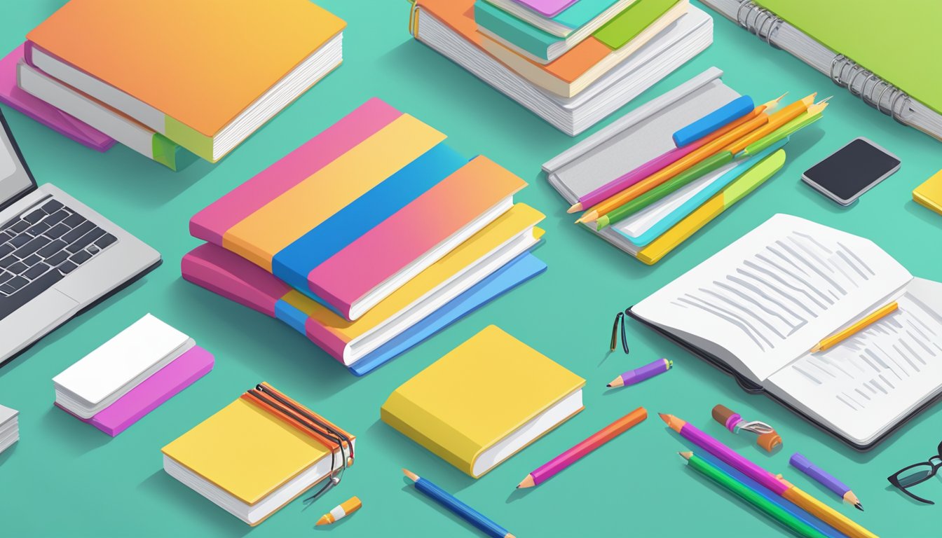 A stack of colorful brochures with "Frequently Asked Questions Tuition" written on the cover, surrounded by various school supplies and a laptop