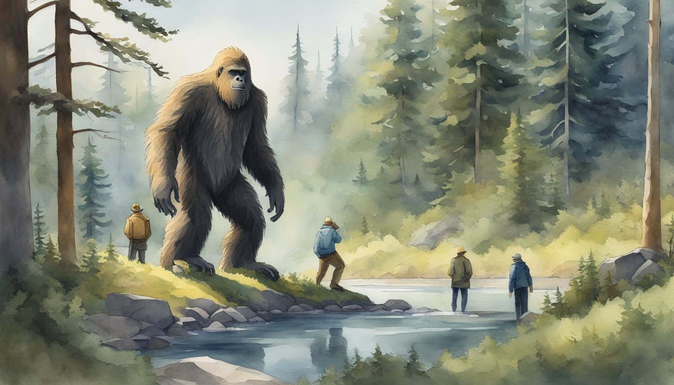 A team of scientists observes a sasquatch in its natural habitat, while curious onlookers watch from a safe distance