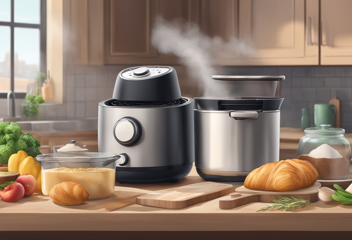 Ingredients and kitchen tools on a countertop with an air fryer in the background. Steam rising from a freshly baked pastry