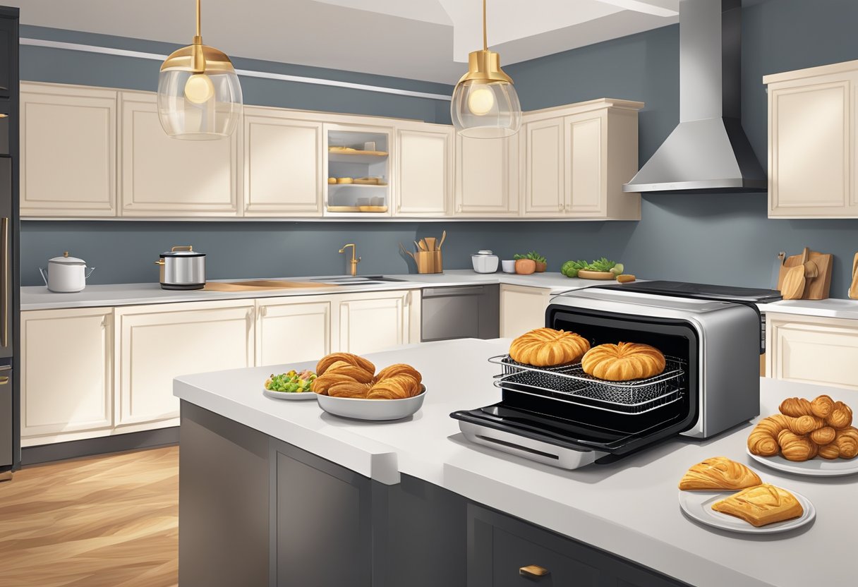 A modern kitchen with an air fryer cooking up crispy, golden-brown pastries in a fraction of the time it takes in a traditional oven