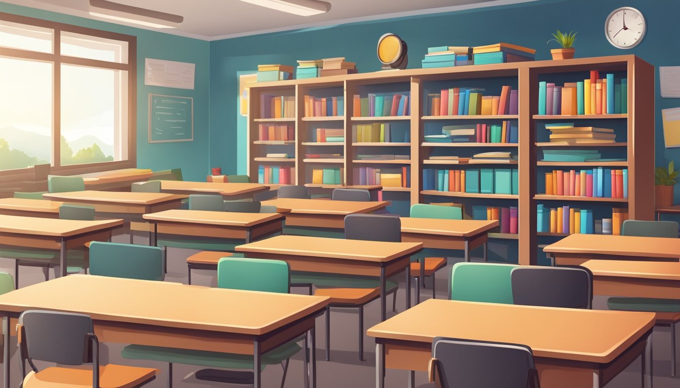 A classroom with a whiteboard, desks, and chairs arranged in a neat and orderly manner. A stack of textbooks and educational materials is visible on a shelf