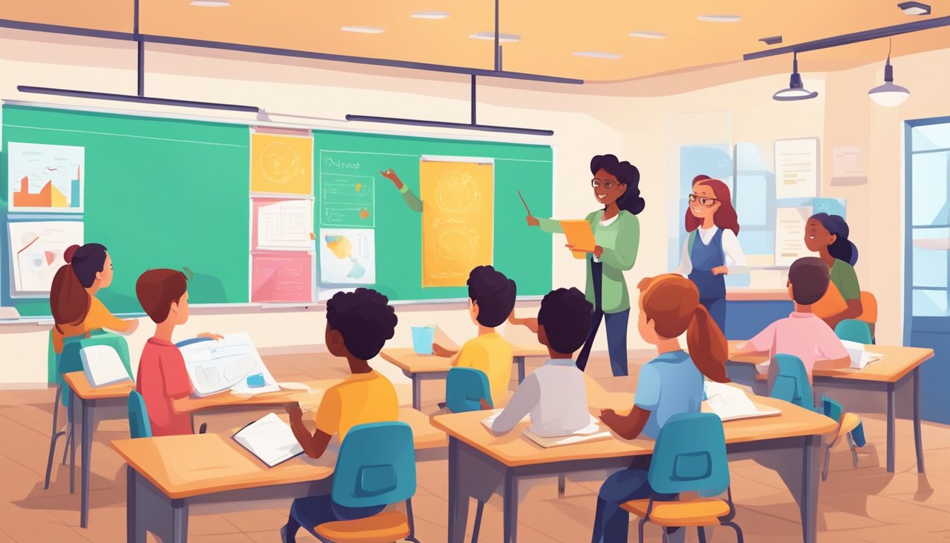 A brightly lit classroom with a whiteboard and colorful educational posters. A small group of students and a teacher engaged in interactive learning activities