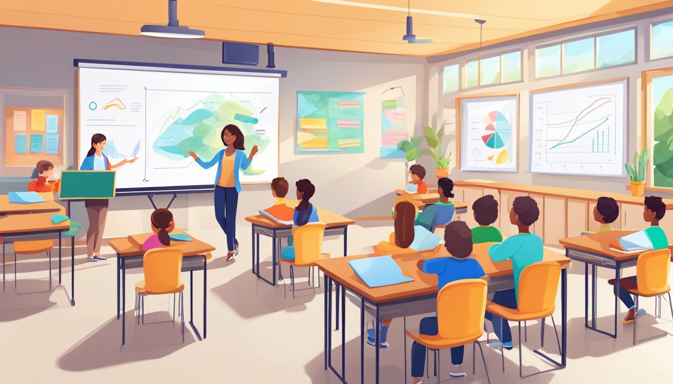 A bright classroom with interactive whiteboards and colorful educational materials, surrounded by engaged students and a passionate tutor