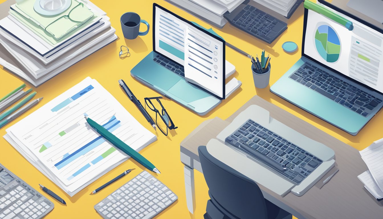 A stack of papers labeled "Frequently Asked Questions p1 tuition" with a pen resting on top, surrounded by a computer and desk supplies