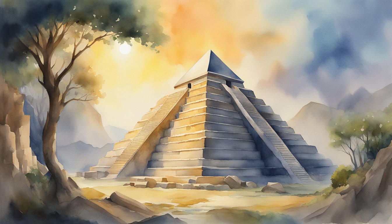 A glowing pyramid hovers over ancient ruins, casting a mysterious light on symbols of power and knowledge