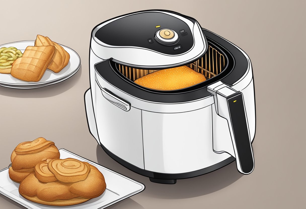 An air fryer with safety features, showcasing its baking benefits with a golden brown pastry inside