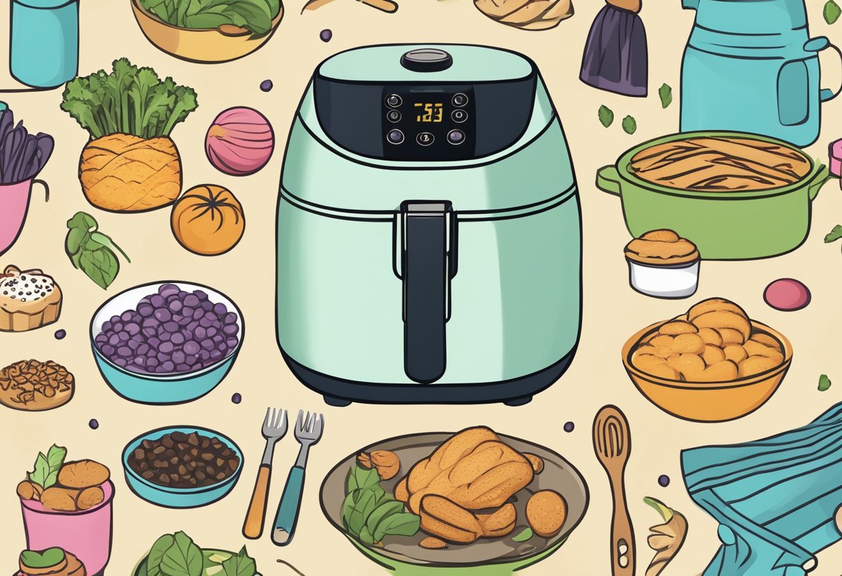 An air fryer surrounded by various baking ingredients and utensils, with question marks floating around it