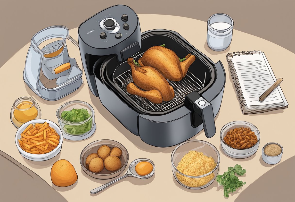 Ingredients and cooking utensils arranged around an air fryer, with a recipe book open to a page titled "Converting Air Fryer Recipes."