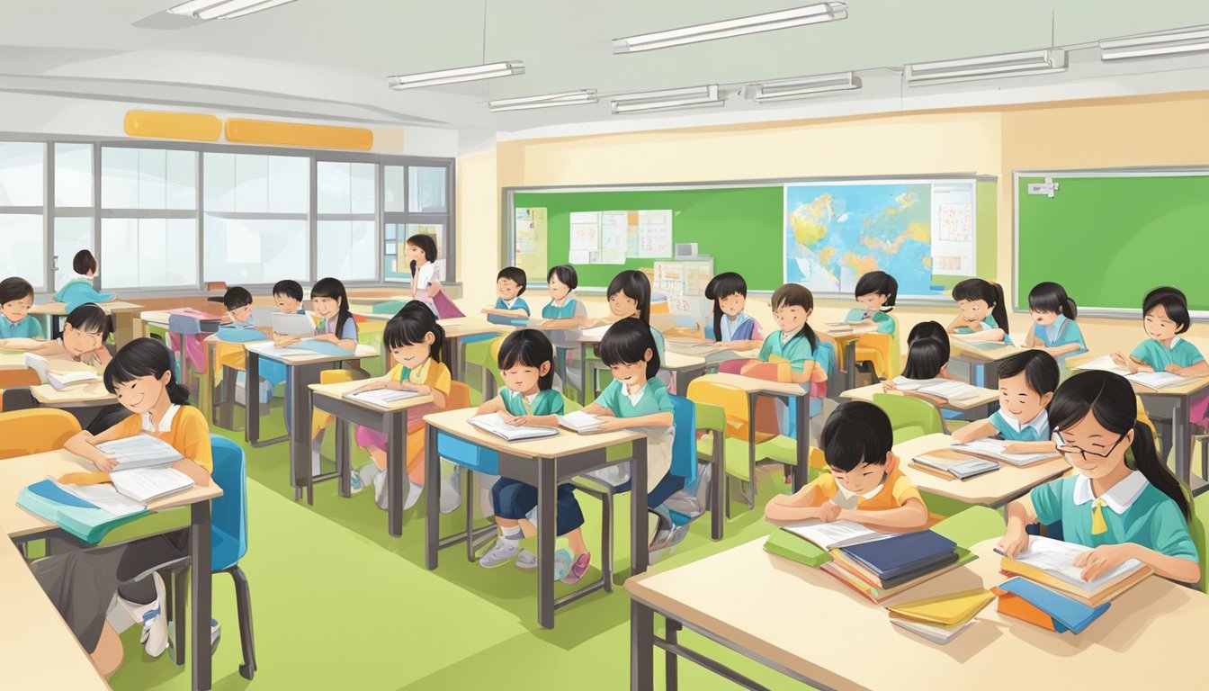 A bustling Chinese tuition centre in Yishun, with bright classrooms and students engaged in learning