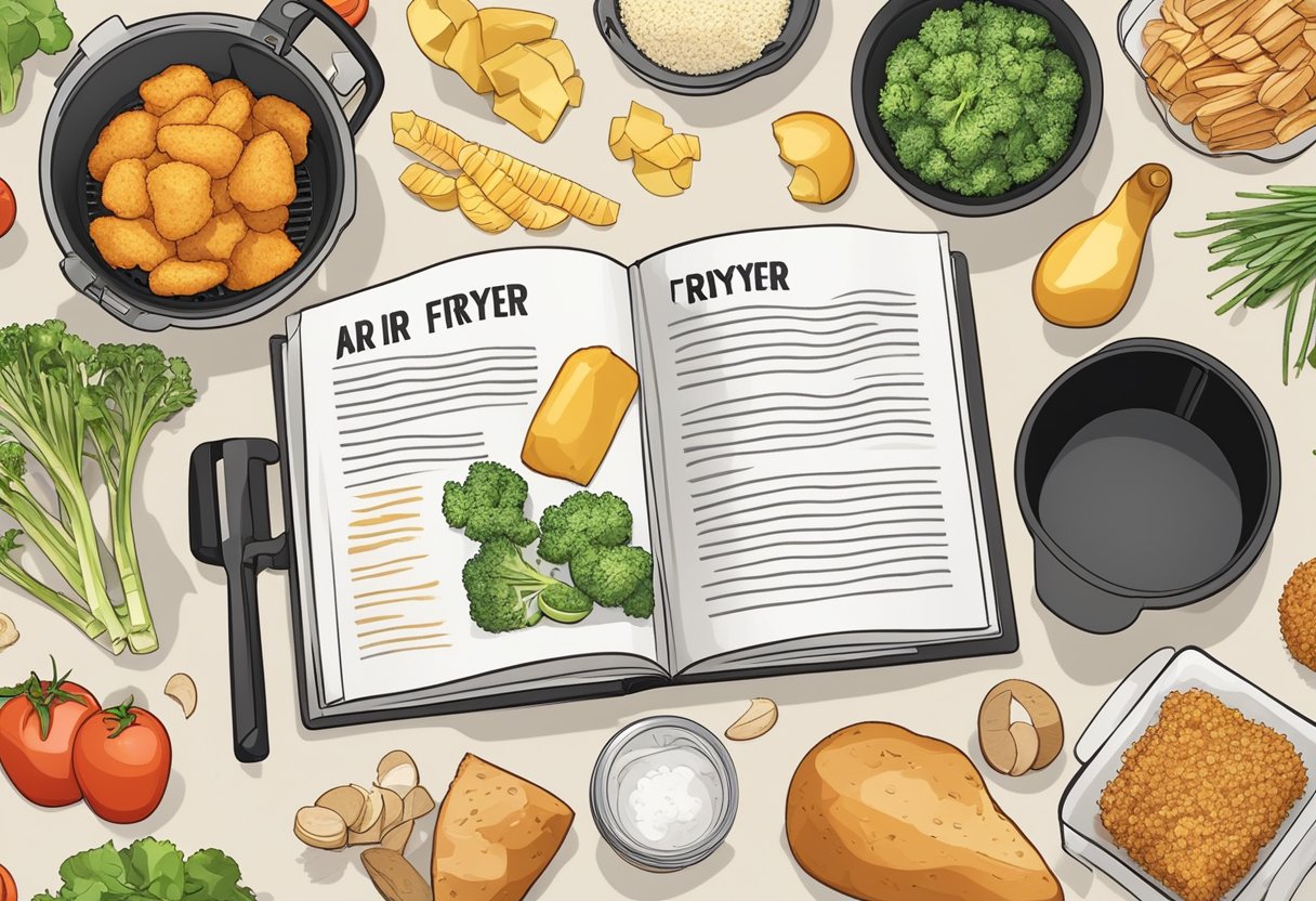 A variety of ingredients and kitchen tools surround the air fryer, with a recipe book open to a page on converting traditional recipes for air fryer use